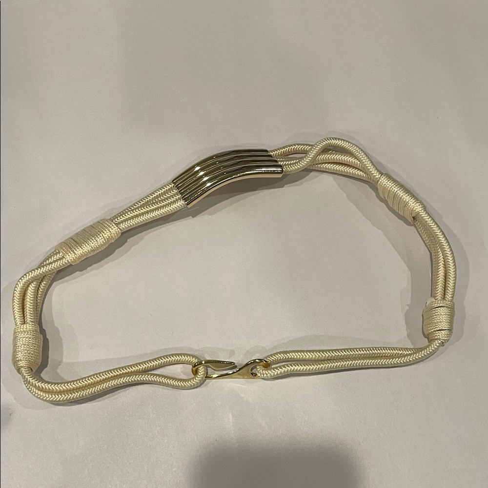 Cream Braided Rope Belt with Gold Metal Accents & Hook Closure – 28.5” Boho Chic